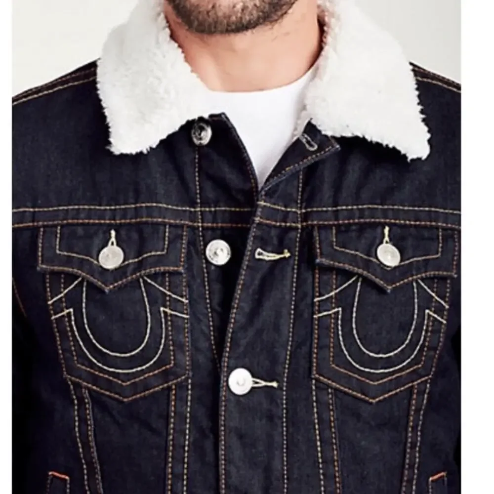 True Religion Dark Denim Blue Jean  Sherpa Trucker Jacket size large